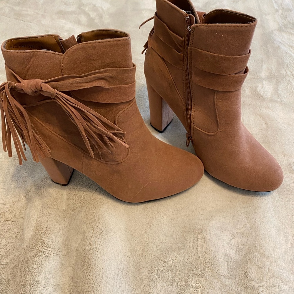 BAMBOO Tan Suede Fringe Ankle Booties
